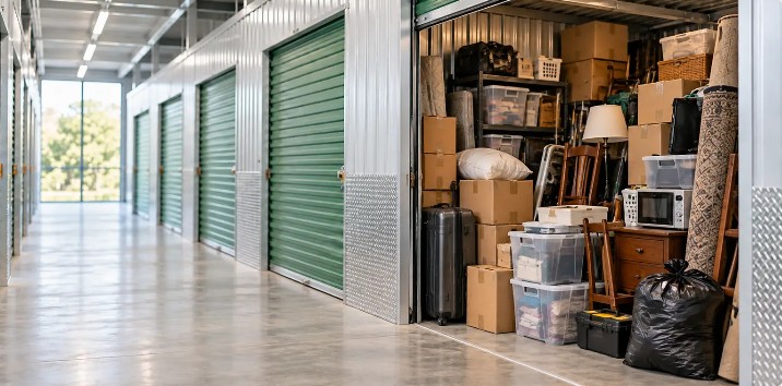 Volle opslagbox met meubels en dozen – opslagruimte laten leegmaken inclusief afvalafvoer in Limburg door JSM Ontruiming
